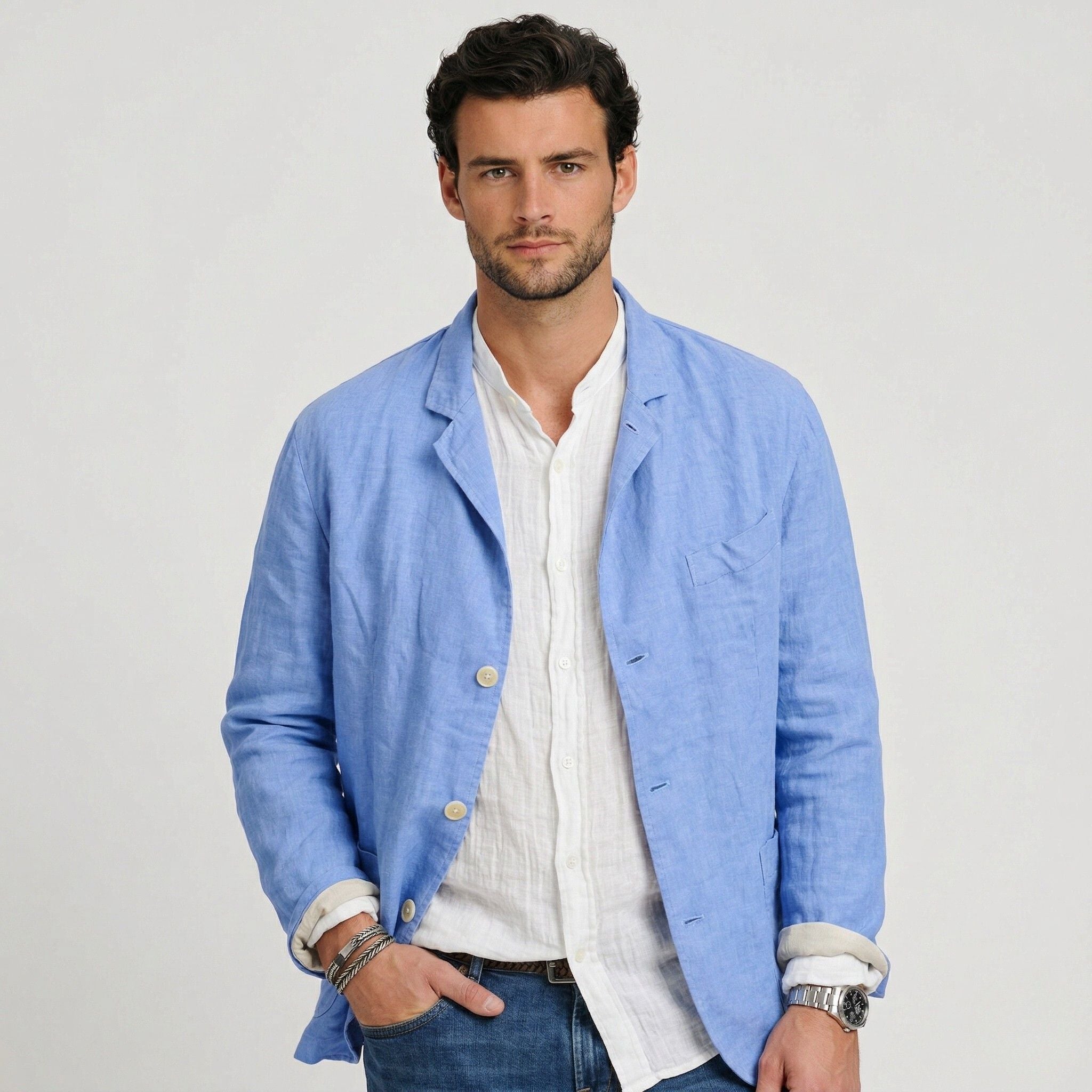 Men's Linen Jacket Notch Lapel Button-Front Blazer Relaxed Fit