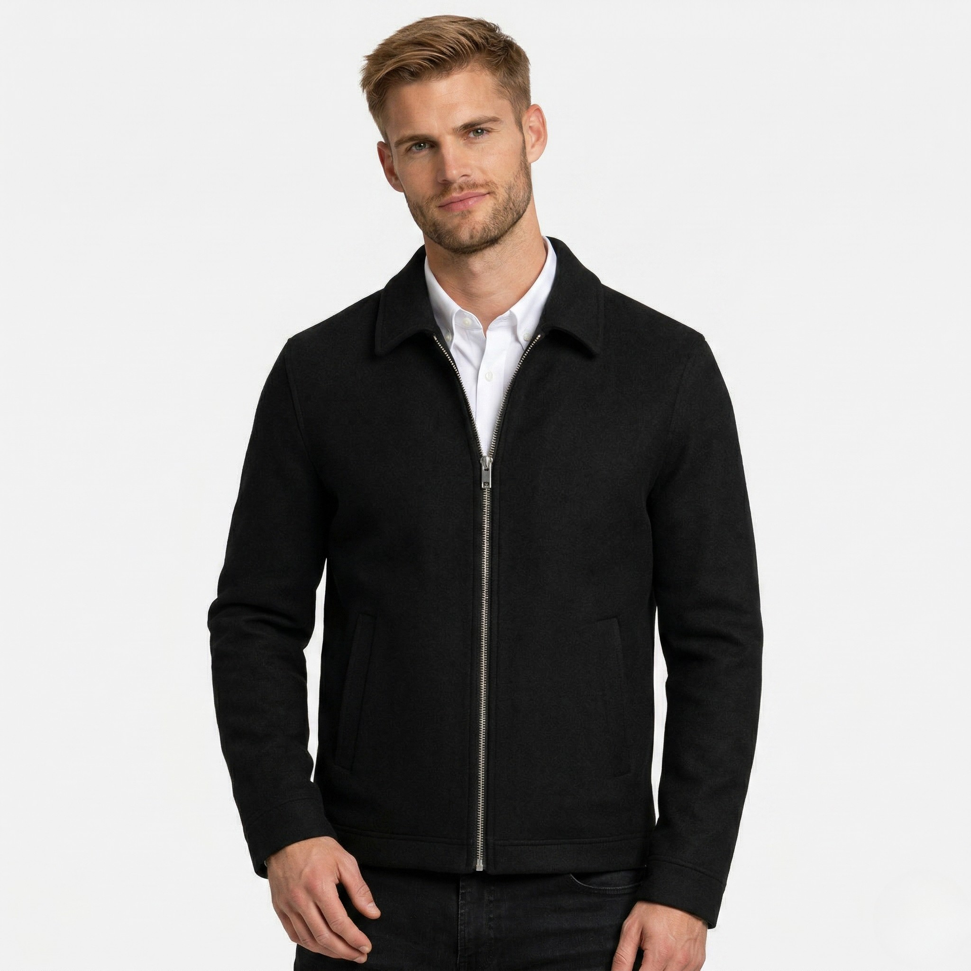 Men's 100% Wool Harrington Jacket Full-Zip Point Collar Regular