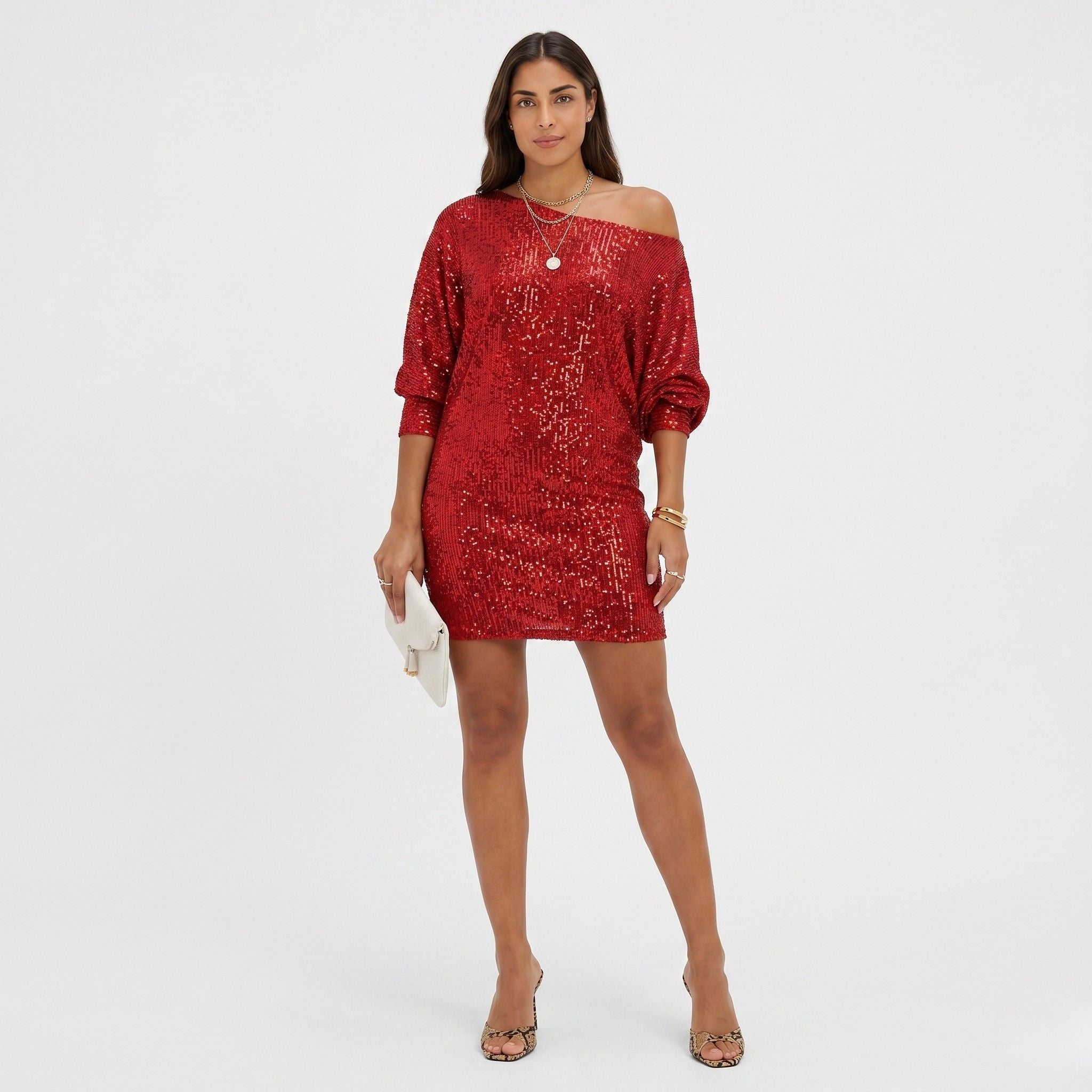Women's Glitter Mini Dress One-Shoulder Bodycon Fit