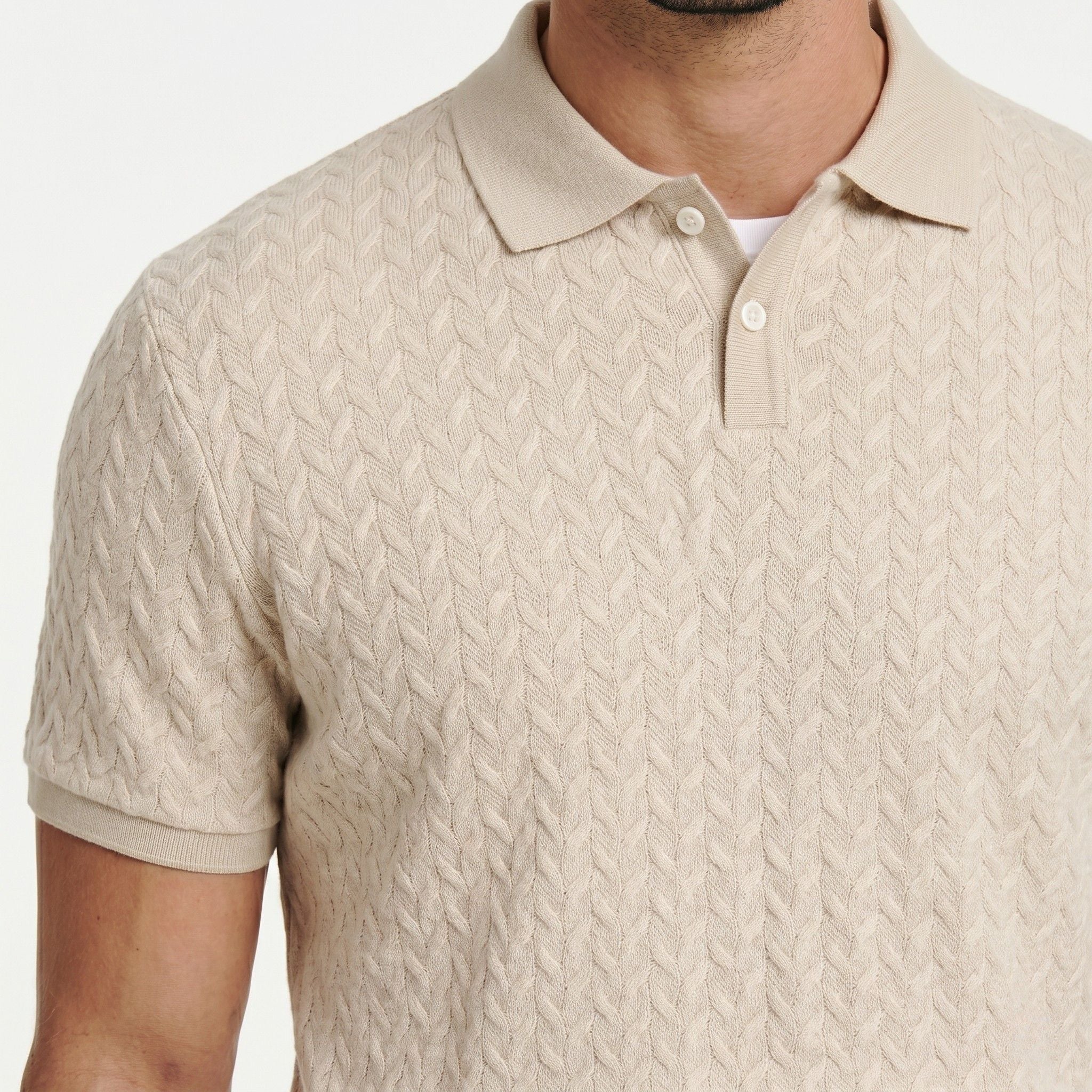 Men's Knit Polo Cable Textured Button Short Sleeve Regular Fit