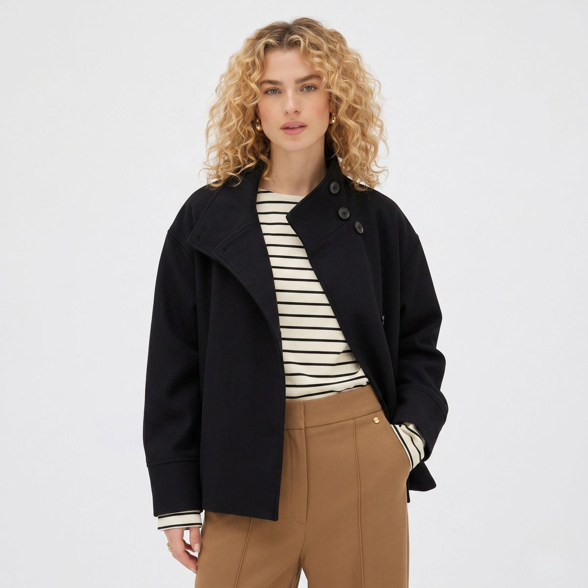 Women's Wool-Textured Coat Jacket Single-Breasted Funnel Neck