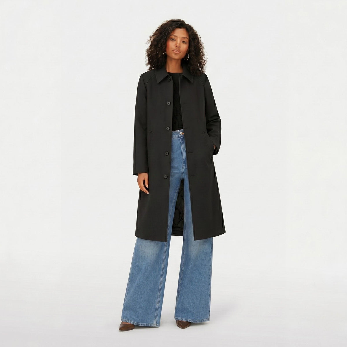 Women's Trench Coat Single-Breasted Longline with Pointed Collar Tailored Fit