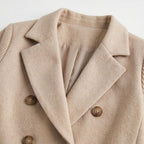 Women's Wool-Blend Jacket Double-Breasted Ribbed Sleeves Notch Lapel Tailored Fit