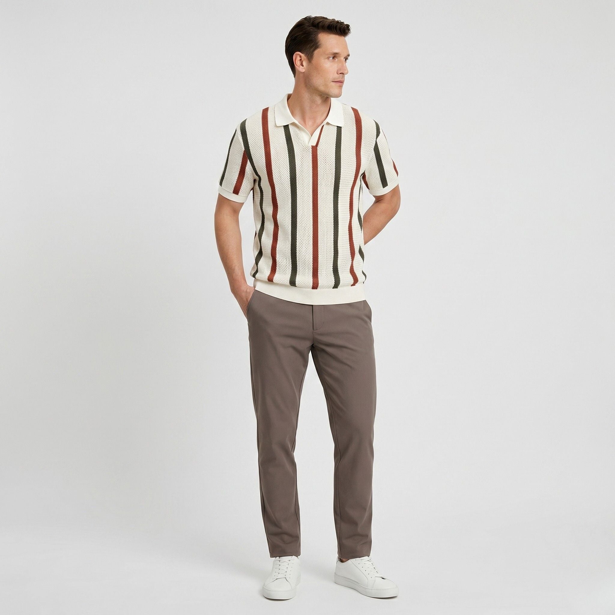 Men's Knit Polo Striped Crochet Short Sleeve Relaxed Fit