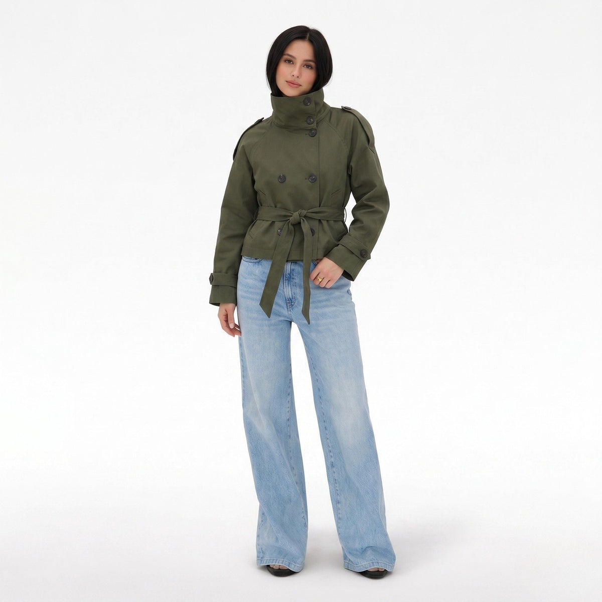 Women's Double-Breasted Trench Jacket Funnel Neck Tailored Fit
