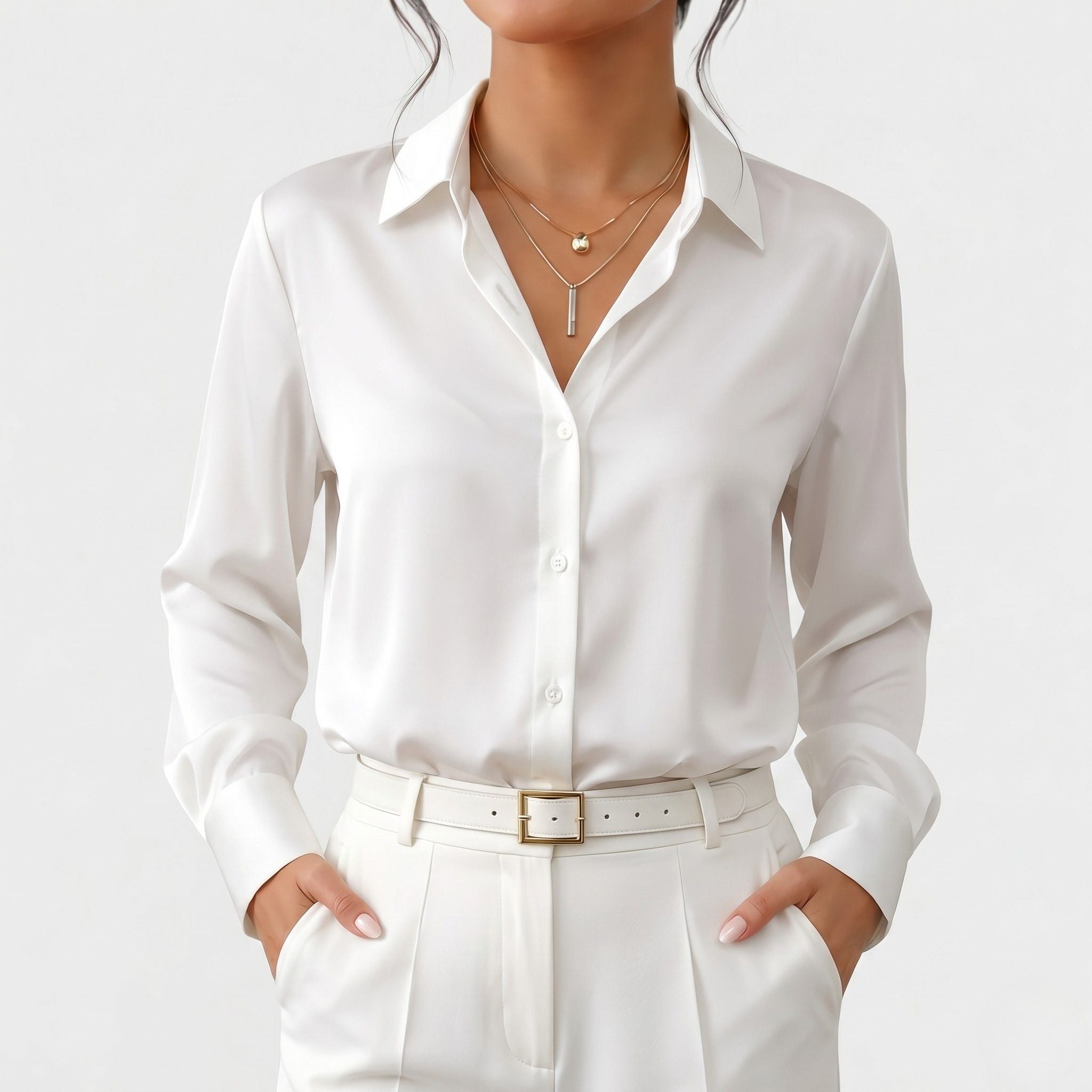 Women's Satin Blouse Long Sleeve Button-Down Point Collar Relaxed Fit