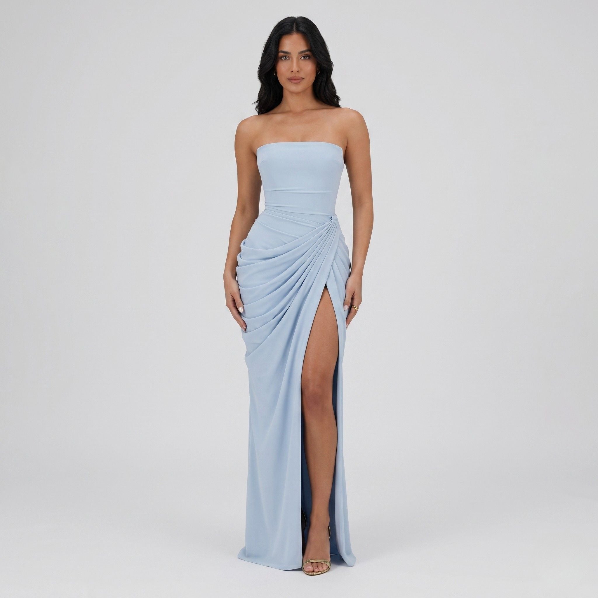 Women's Strapless Maxi Dress Bandeau Draped Side Split