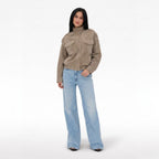 Women's Faux Suede Bomber Jacket Chest Flap Pockets Relaxed Fit