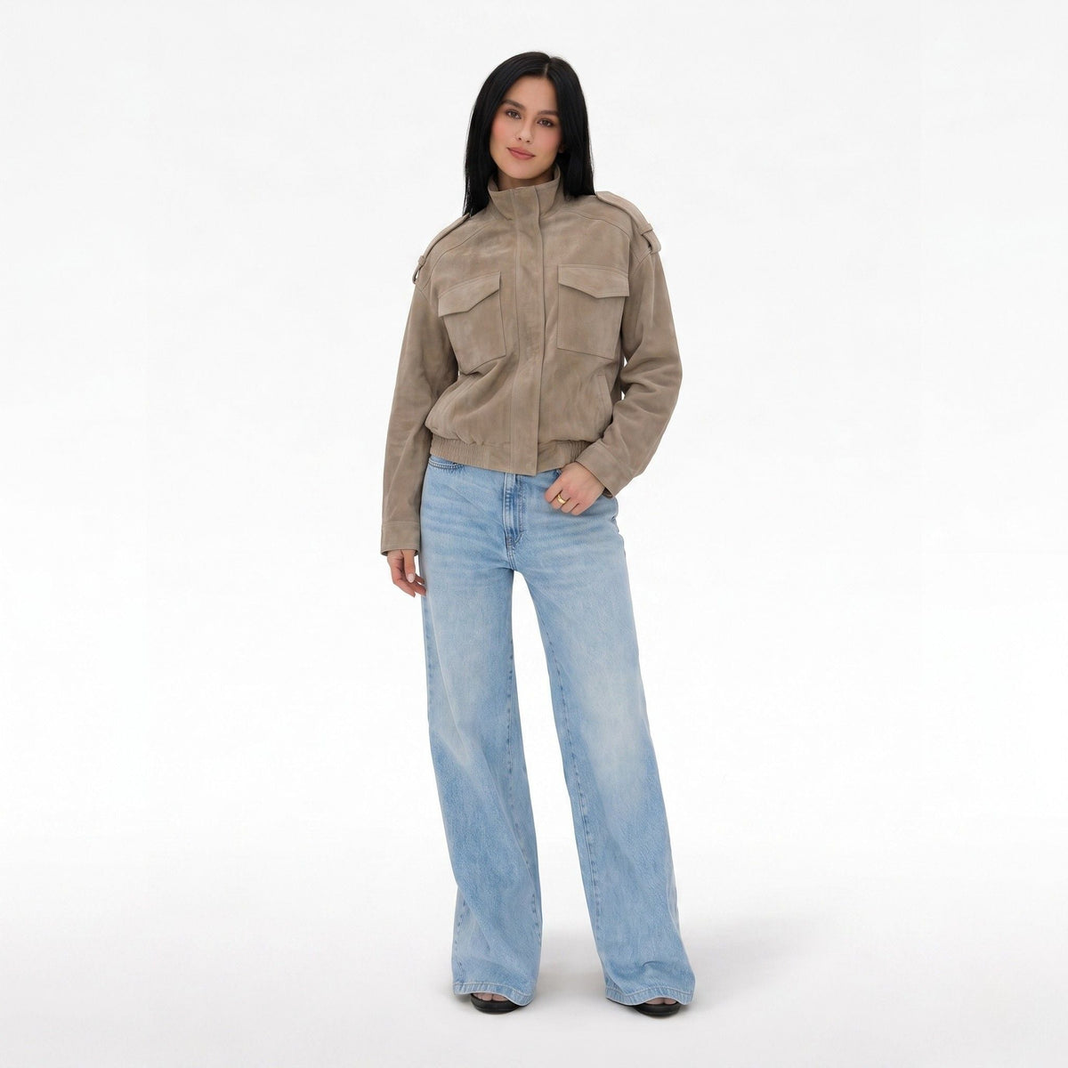 Women's Faux Suede Bomber Jacket Chest Flap Pockets Relaxed Fit