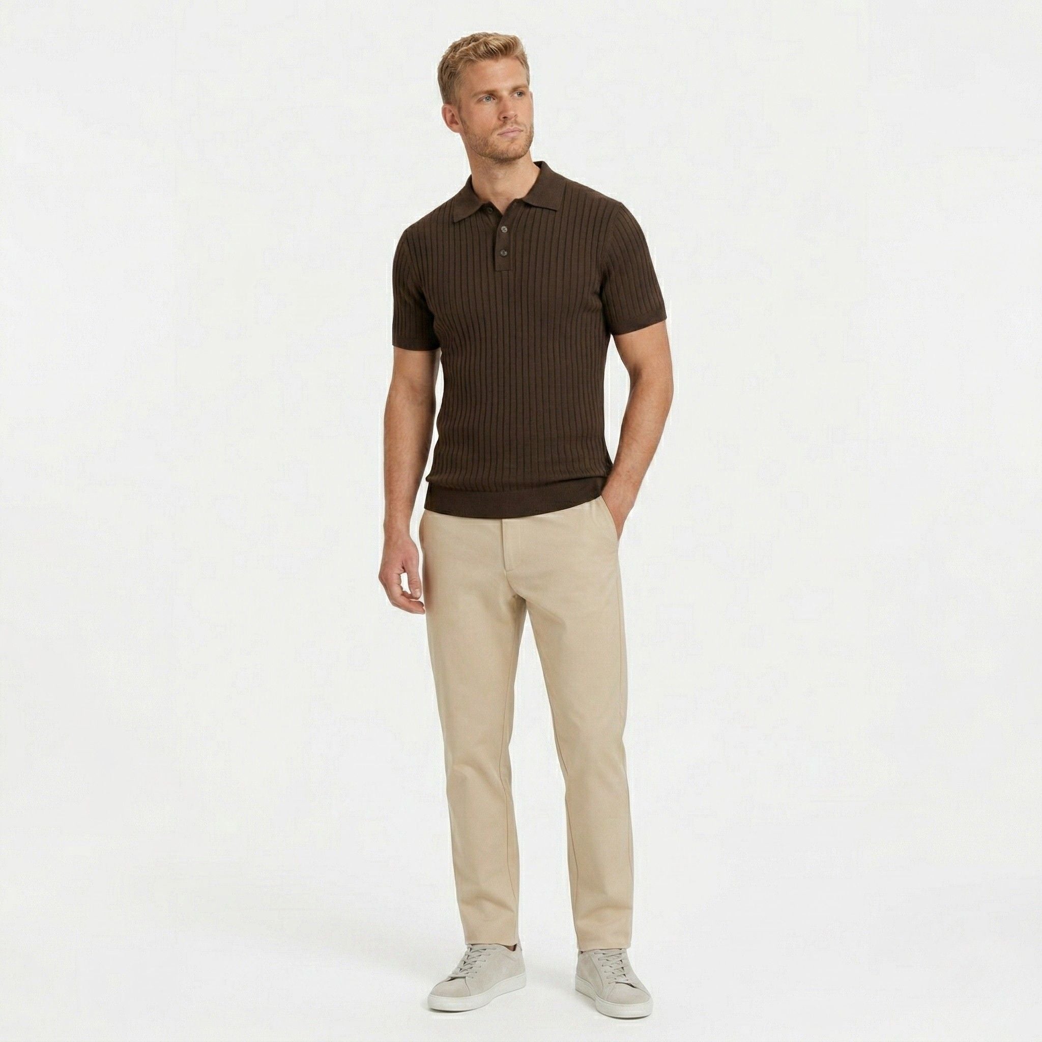 Men's Knit Polo Ribbed Short Sleeve Shirt Slim Fit