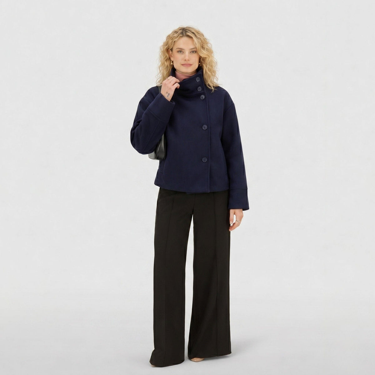 Women's Wool-Textured Coat Jacket Single-Breasted Funnel Neck