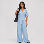 Women's Wrap Jumpsuit V-Neck Batwing Sleeve Wide Leg Relaxed Fit
