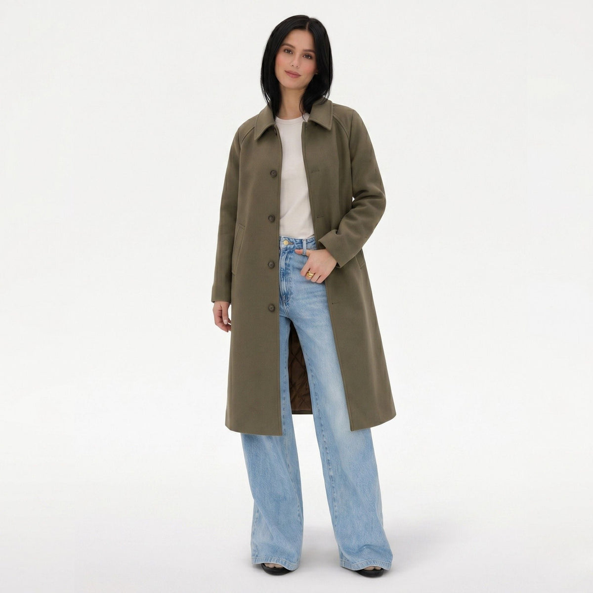 Women's Trench Coat Single-Breasted Longline with Pointed Collar Tailored Fit