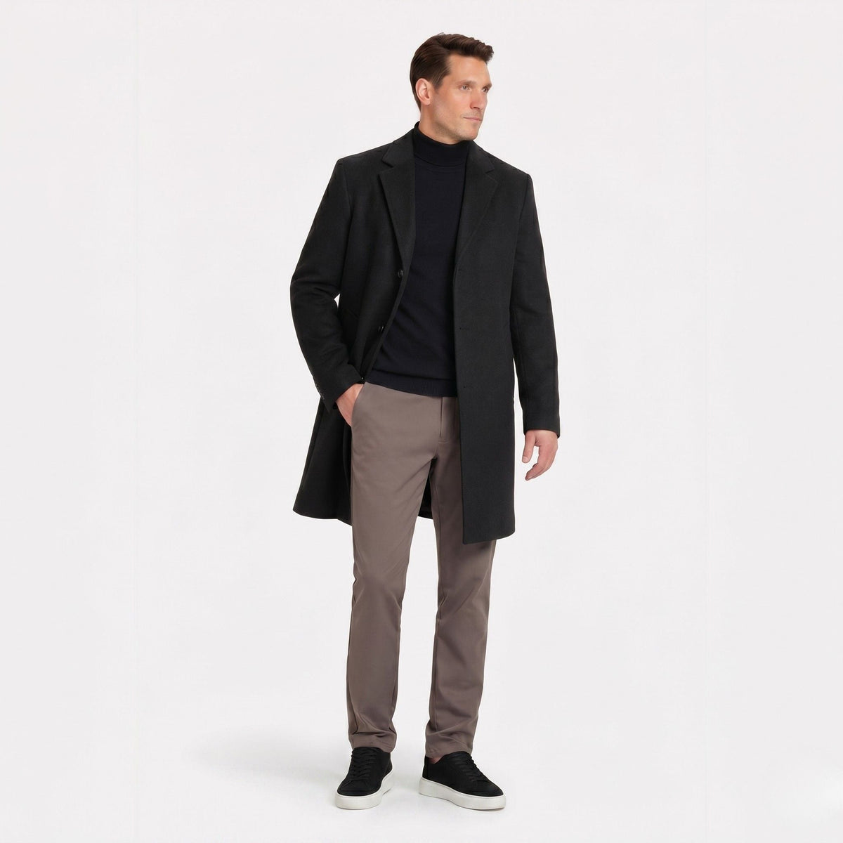 Men's Wool-Blend Overcoat Single-Breasted Notch Lapel  Tailored Fit