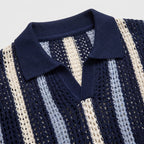 Men's Knit Polo Striped Crochet Short Sleeve Relaxed Fit