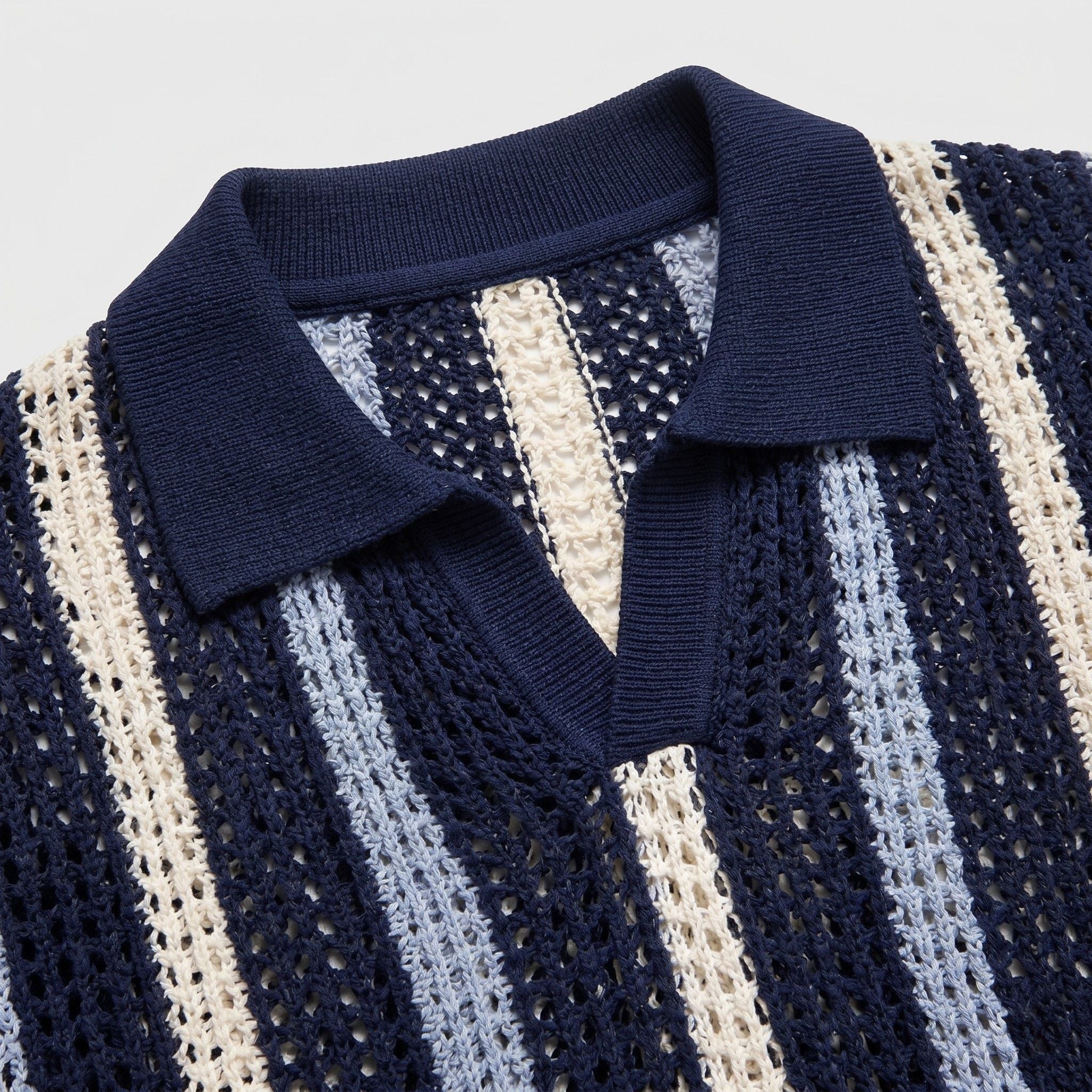 Men's Knit Polo Striped Crochet Short Sleeve Relaxed Fit