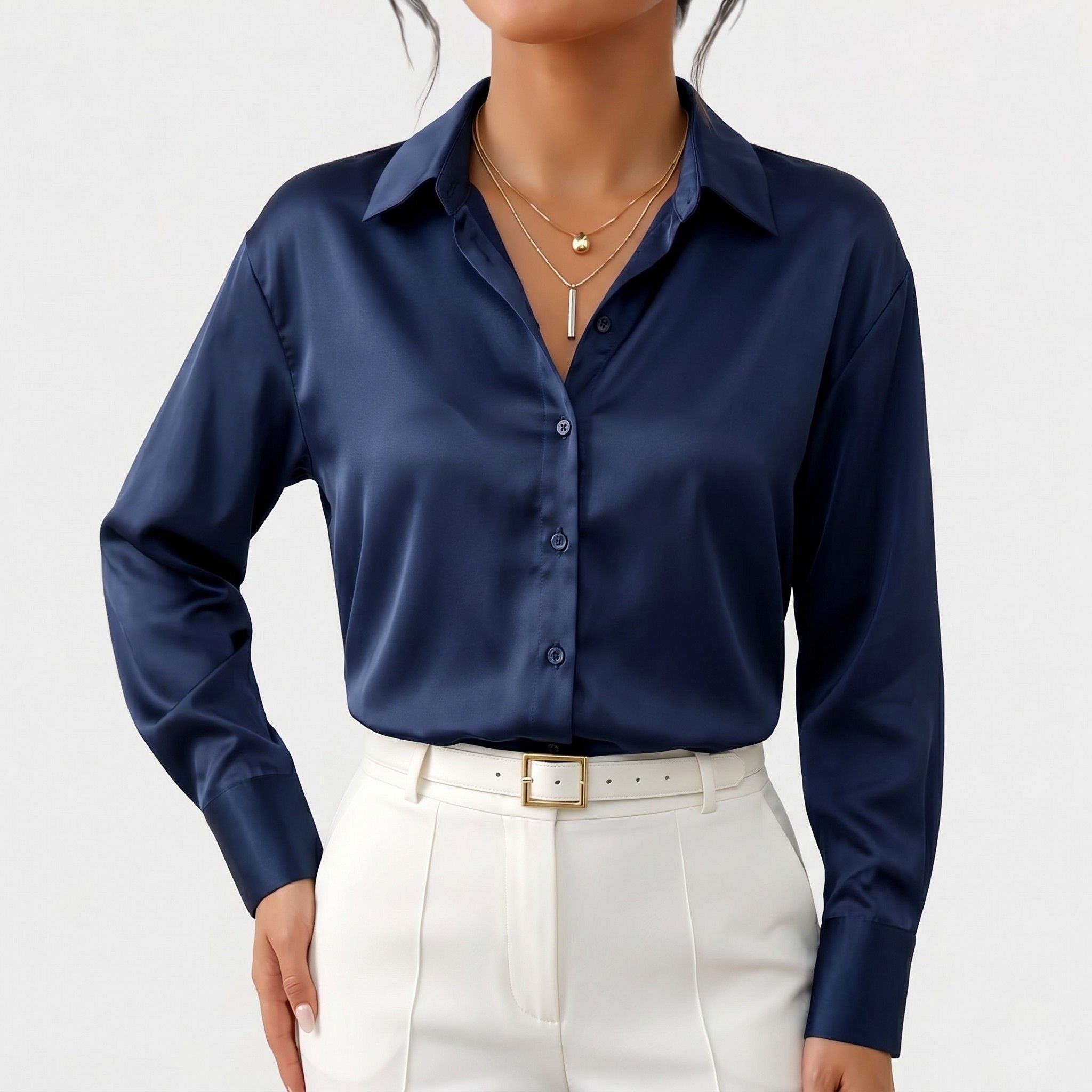 Women's Satin Blouse Long Sleeve Button-Down Point Collar Relaxed Fit