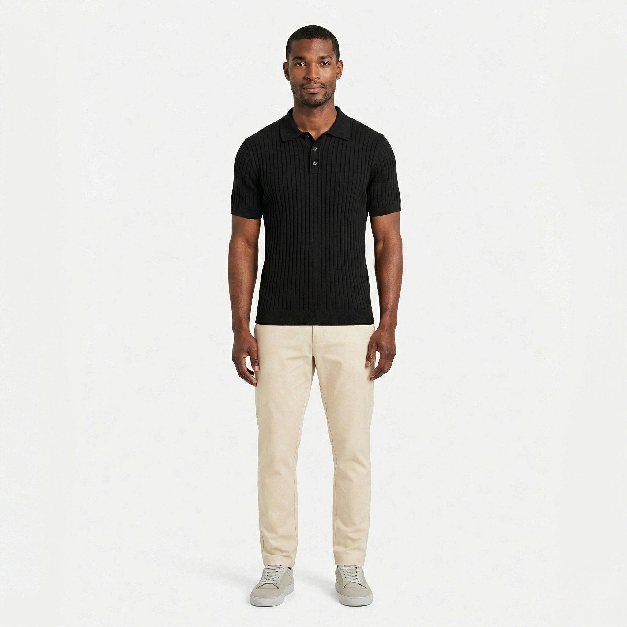Men's Knit Polo Ribbed Short Sleeve Shirt Slim Fit