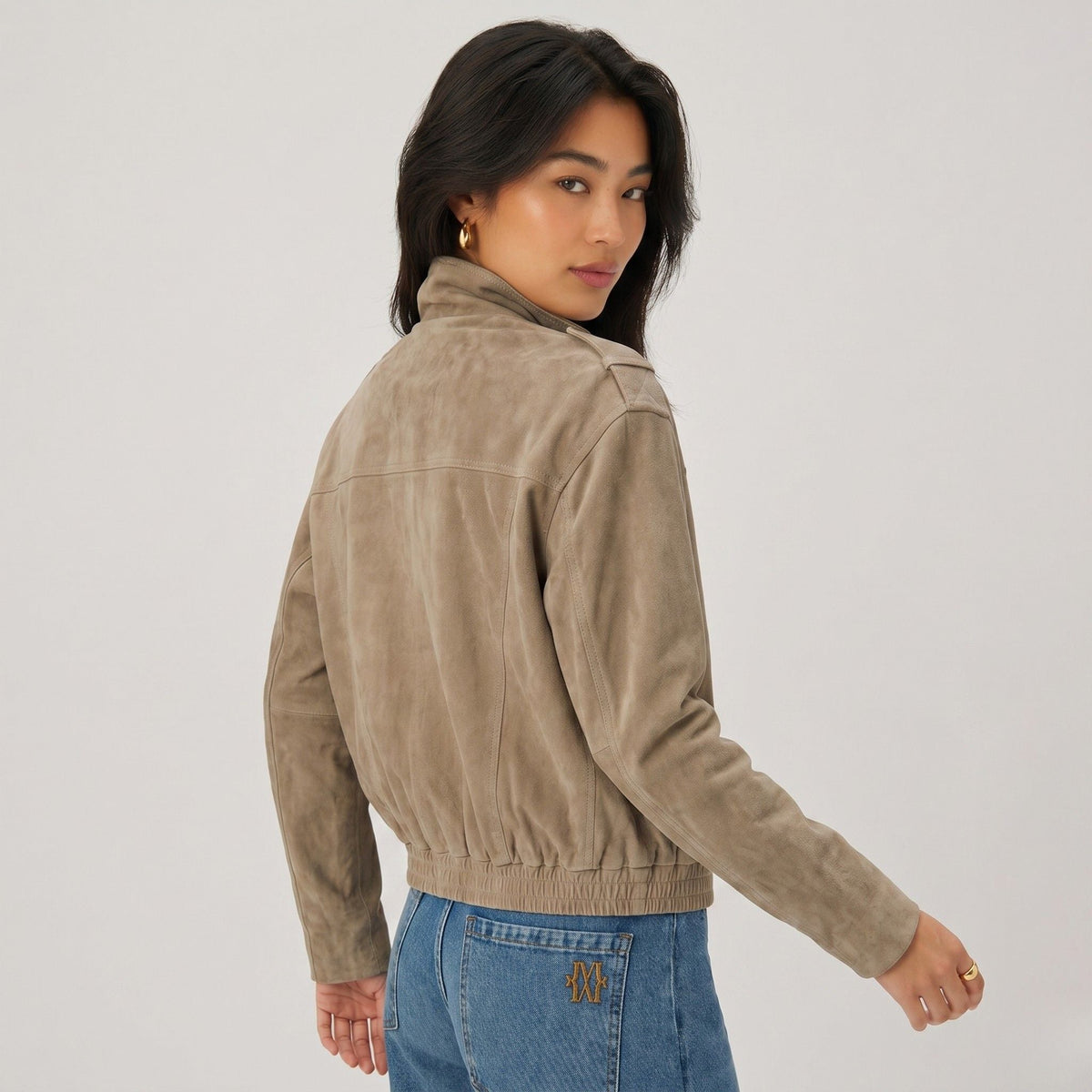 Women's Faux Suede Bomber Jacket Chest Flap Pockets Relaxed Fit