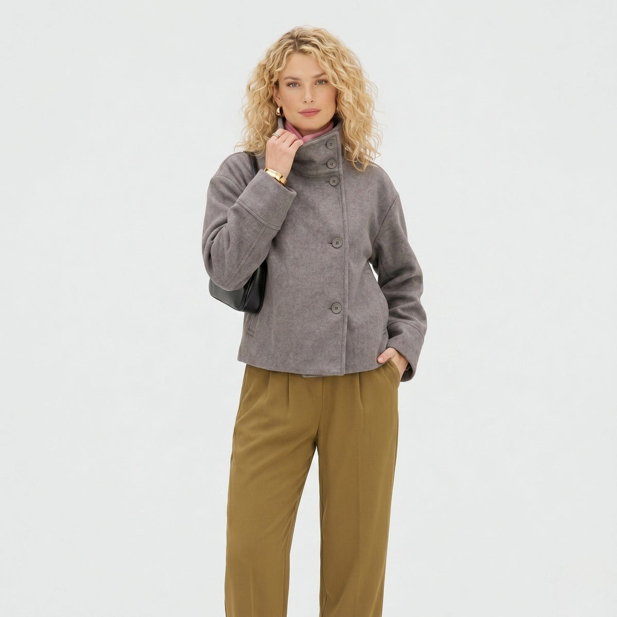 Women's Wool-Textured Coat Jacket Single-Breasted Funnel Neck
