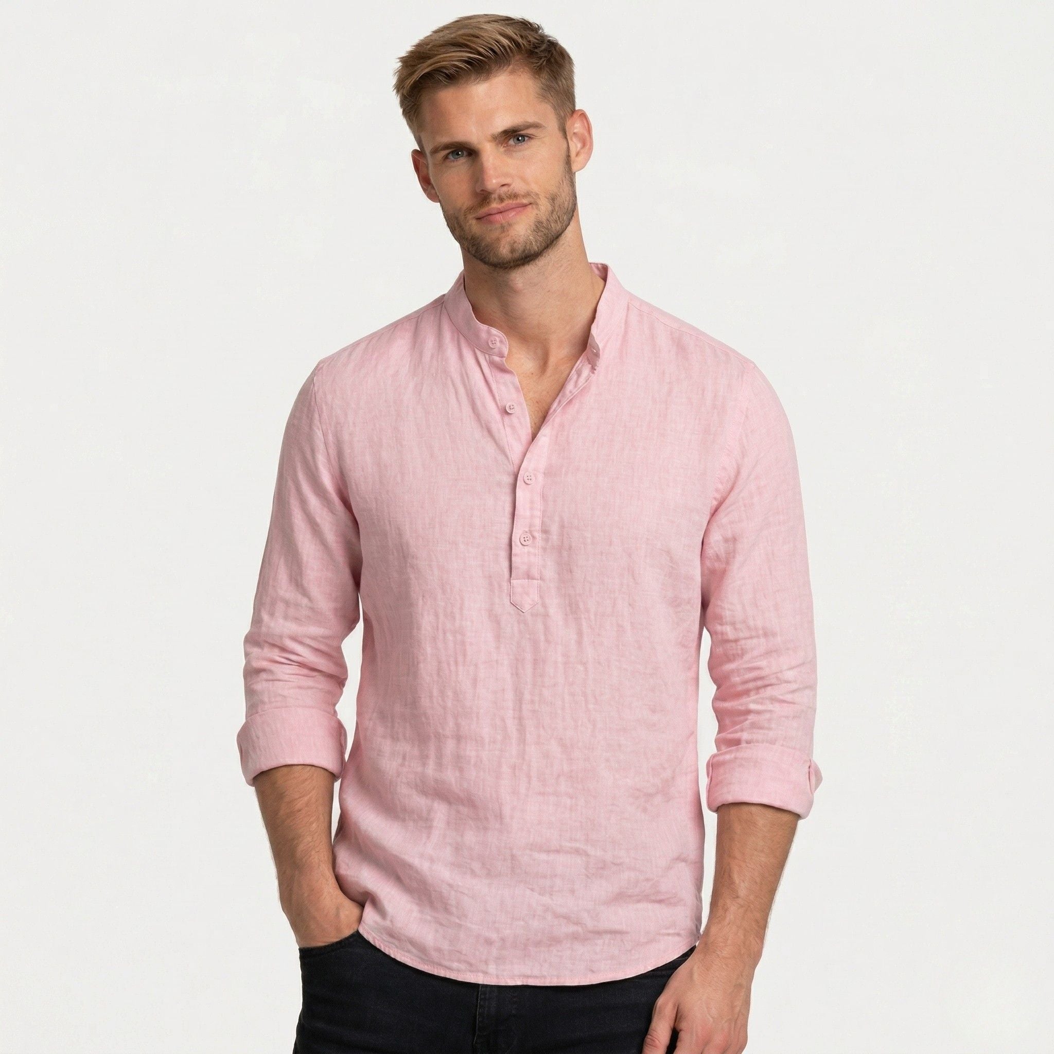 Men's Henley Shirt Long Sleeve Mandarin Collar Regular Fit