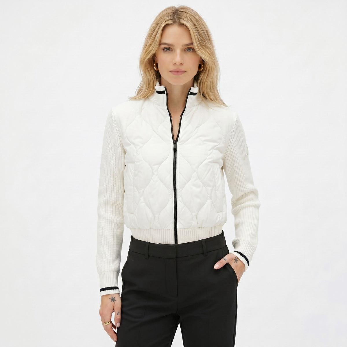 Women's Quilted Jacket Funnel Neck Knit Sleeve Regular Fit