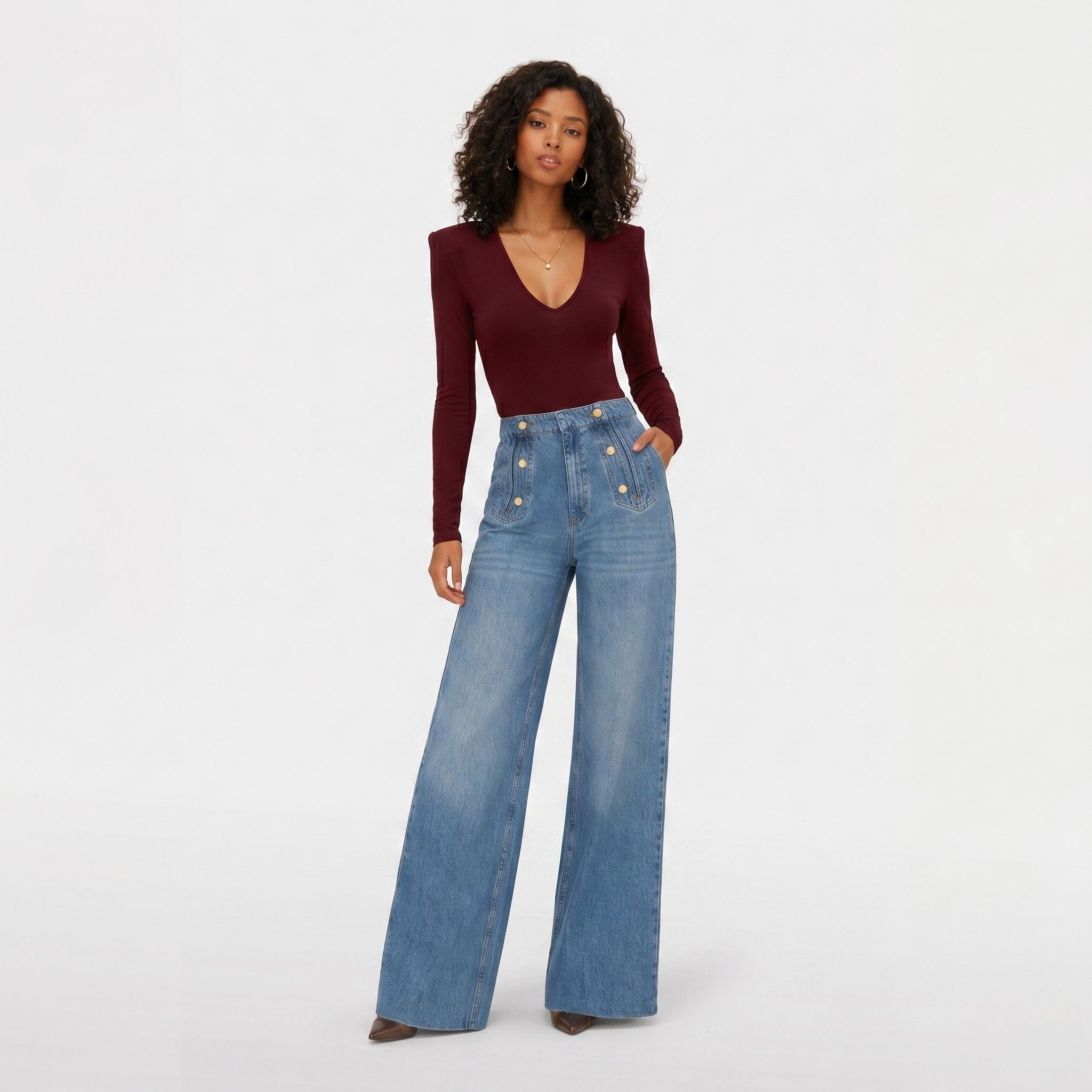 Women's V-Neck Top V-Neck Structured Shoulder Long Sleeve