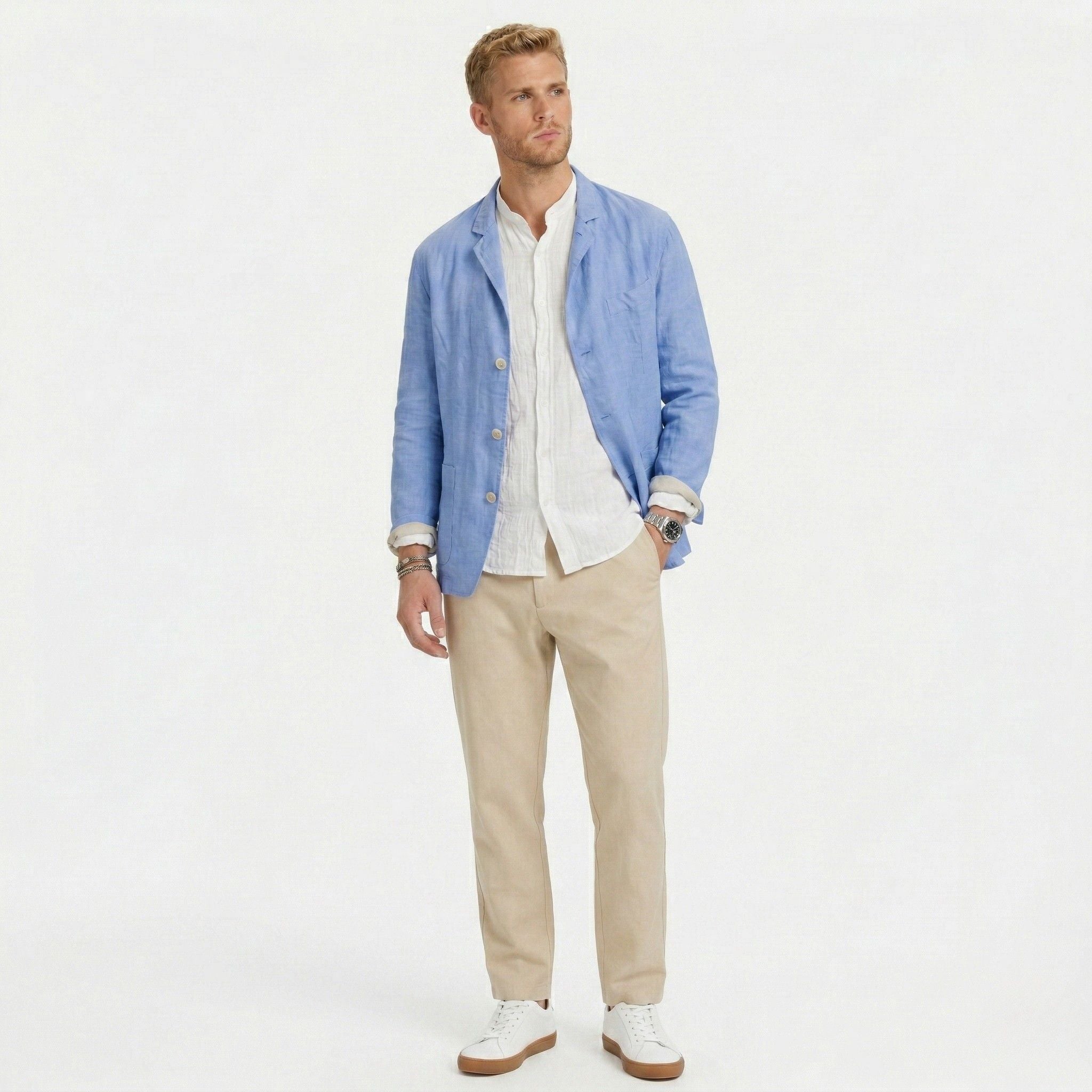 Men's Linen Jacket Notch Lapel Button-Front Blazer Relaxed Fit