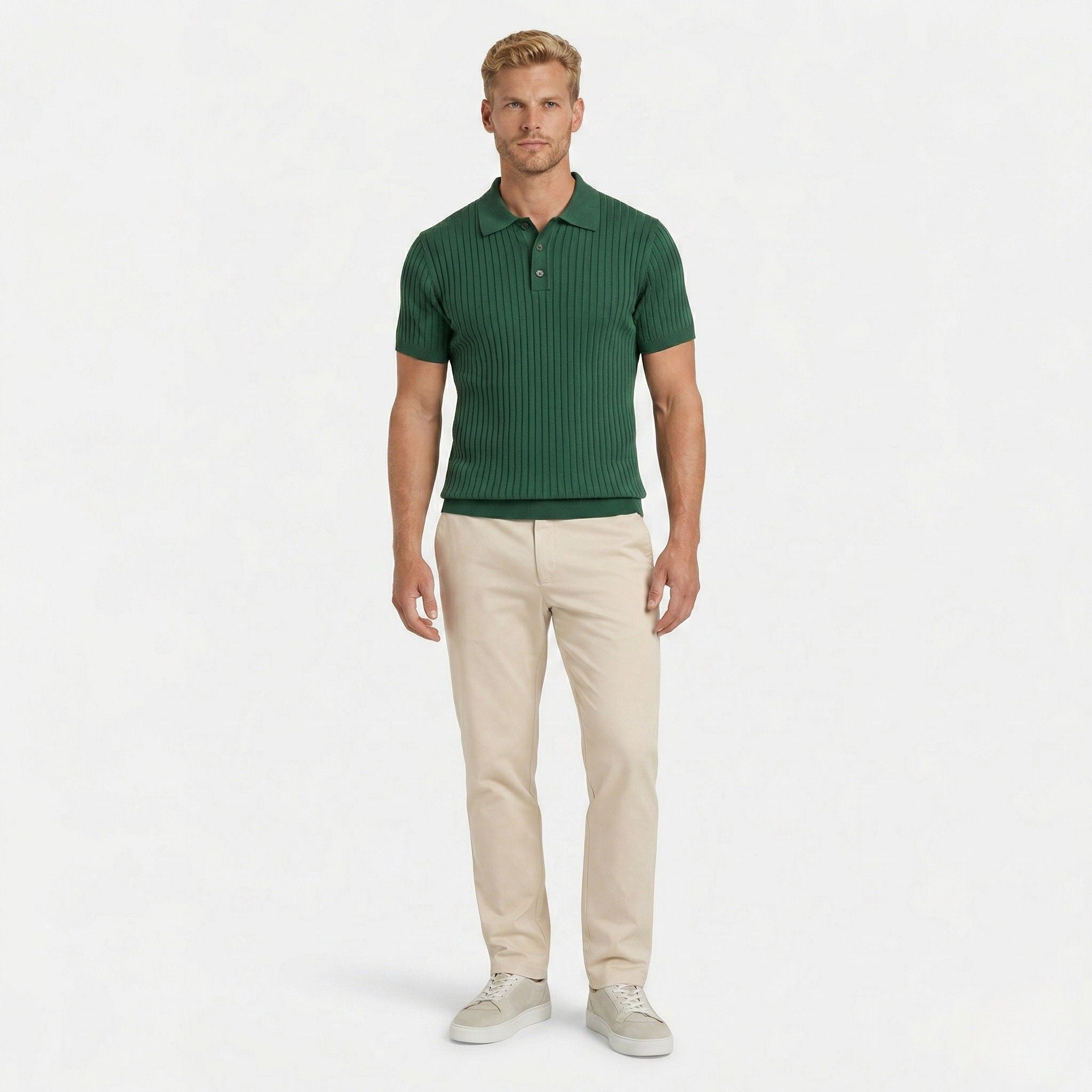 Men's Knit Polo Ribbed Short Sleeve Shirt Slim Fit
