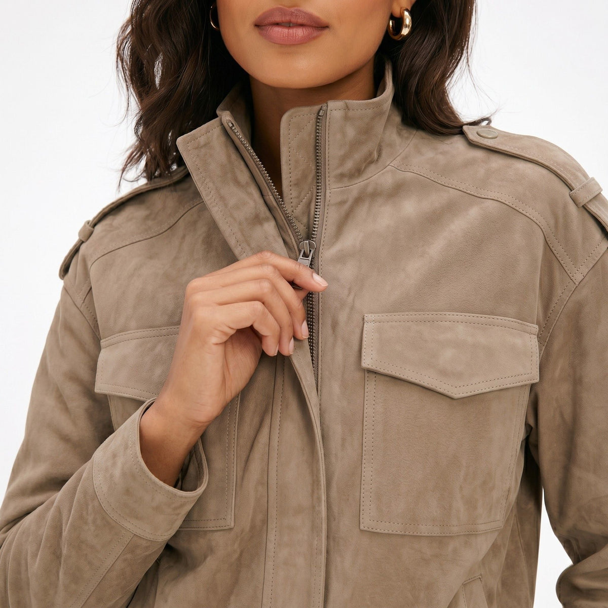 Women's Faux Suede Bomber Jacket Chest Flap Pockets Relaxed Fit