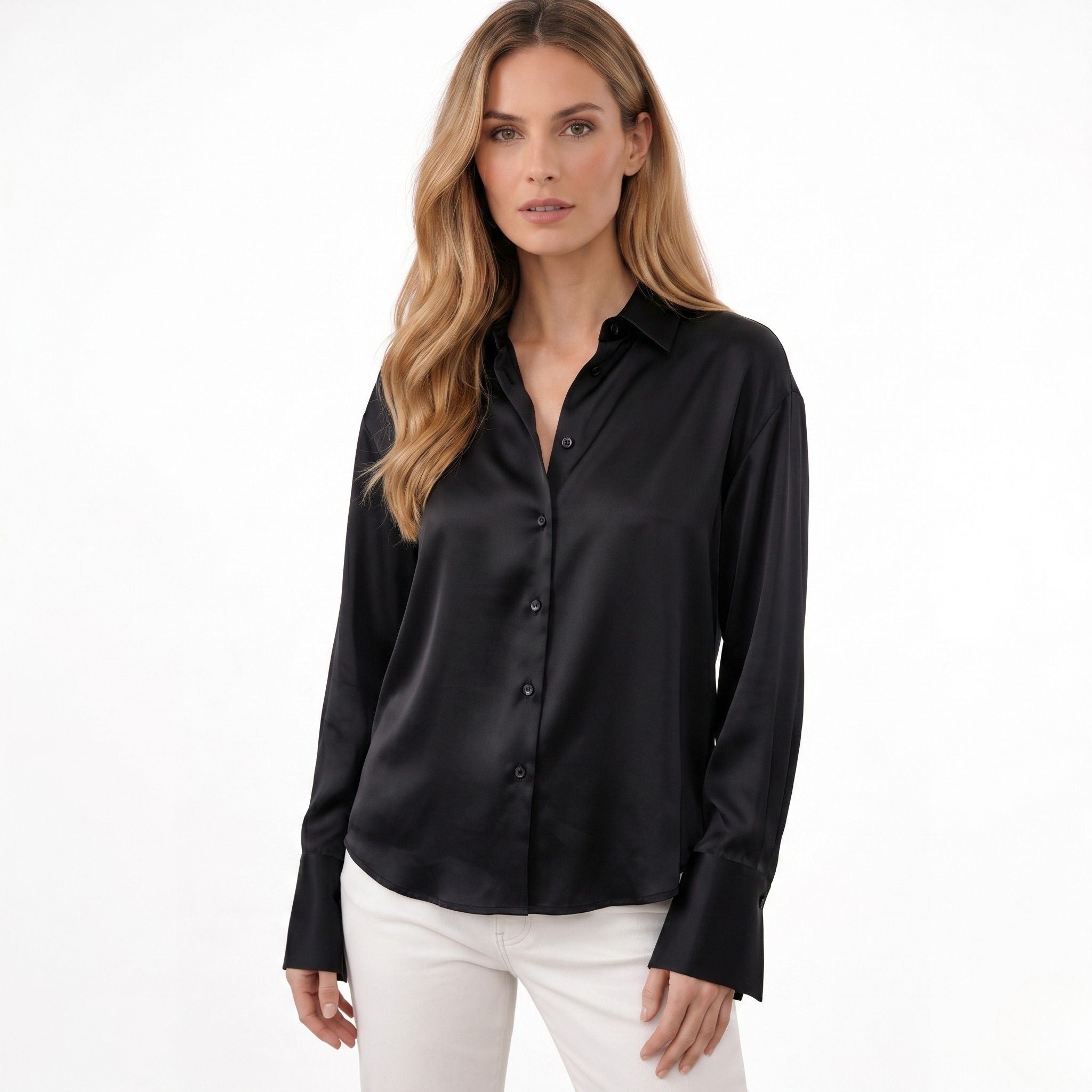 Women's Satin Blouse Long Sleeve Button-Down Point Collar Relaxed Fit