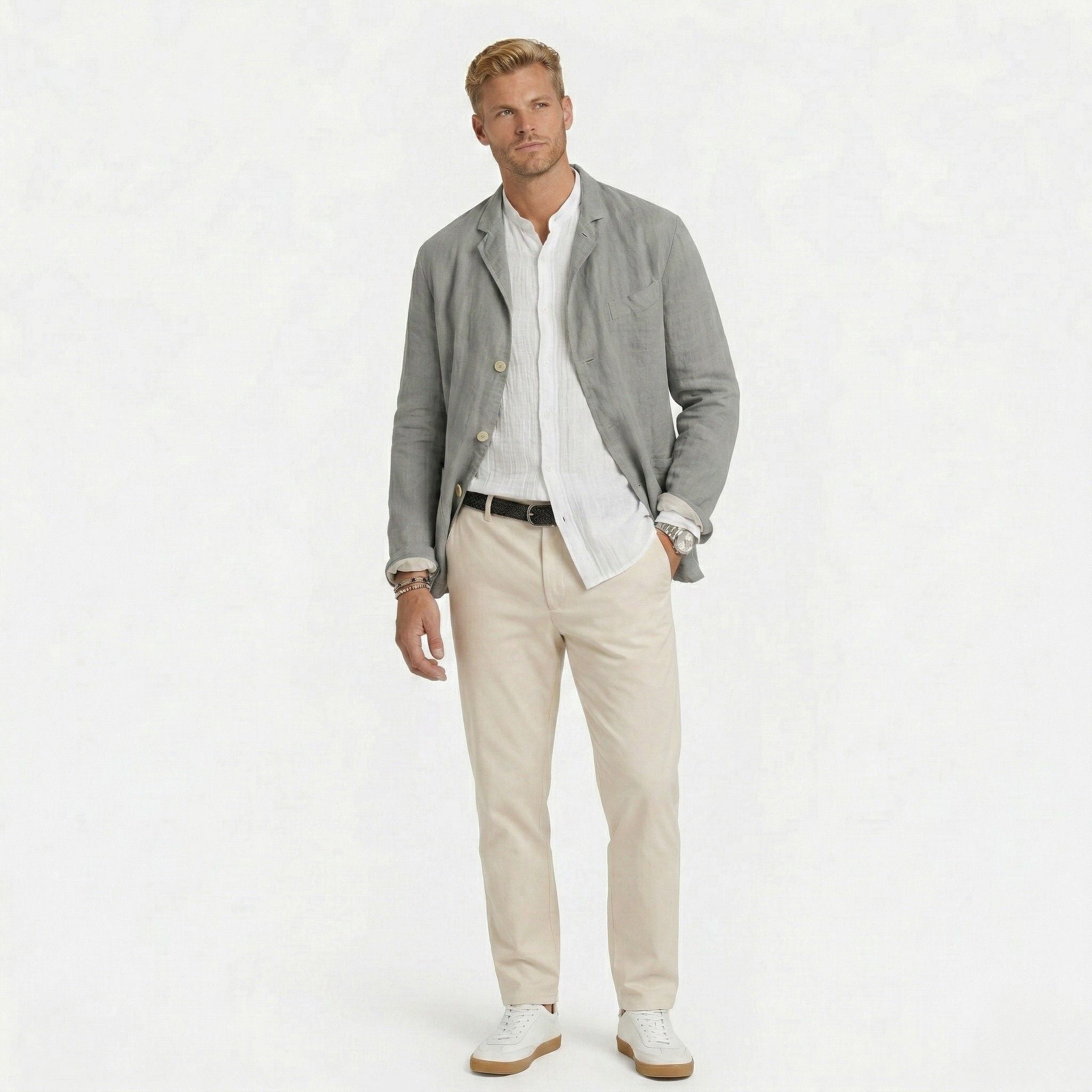 Men's Linen Jacket Notch Lapel Button-Front Blazer Relaxed Fit