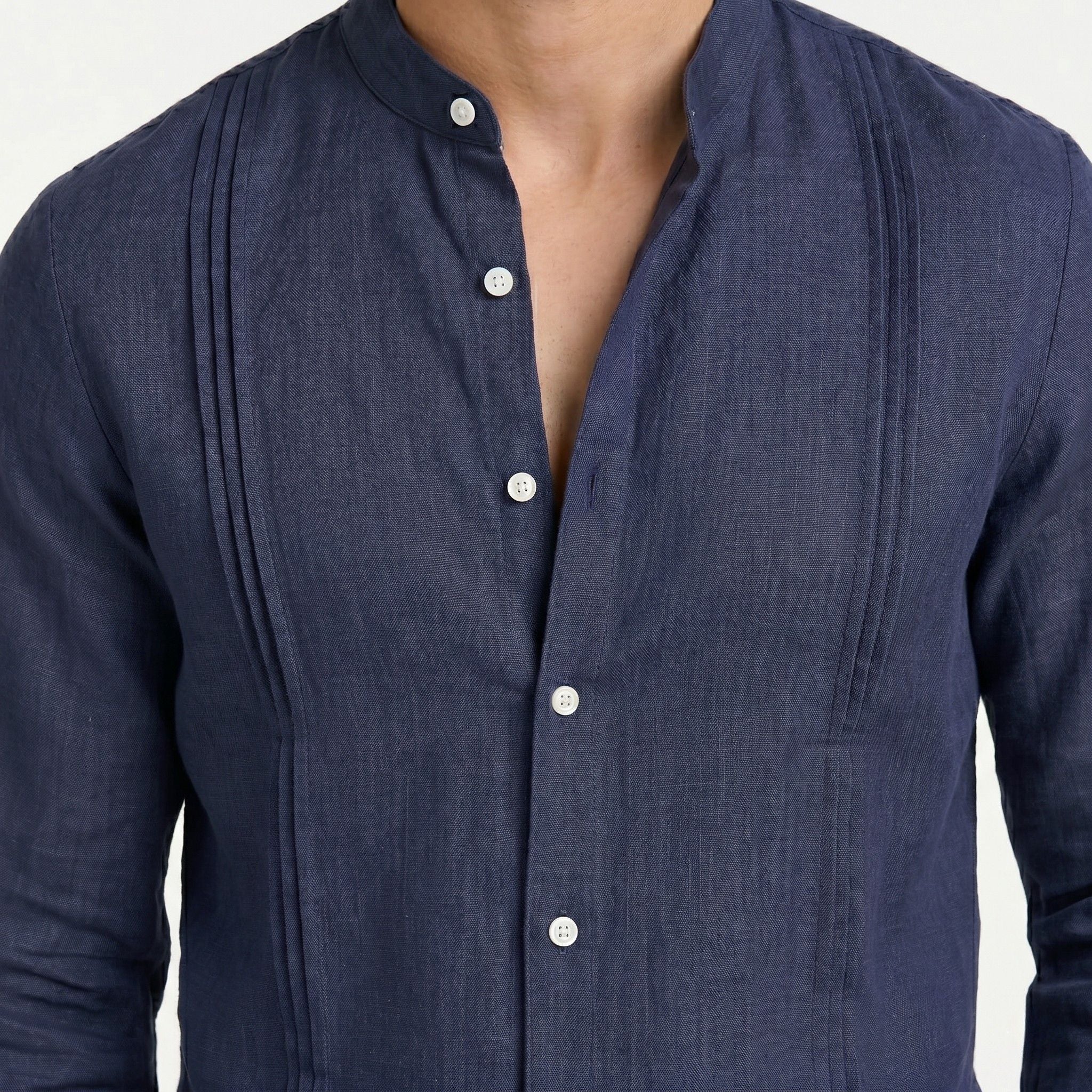 Men's Long Sleeve Shirt Mandarin Collar Pintuck Regular Fit