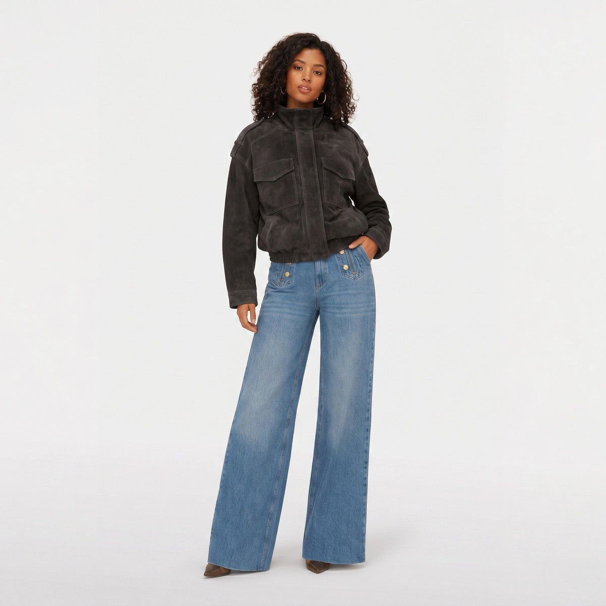 Women's Faux Suede Bomber Jacket Chest Flap Pockets Relaxed Fit