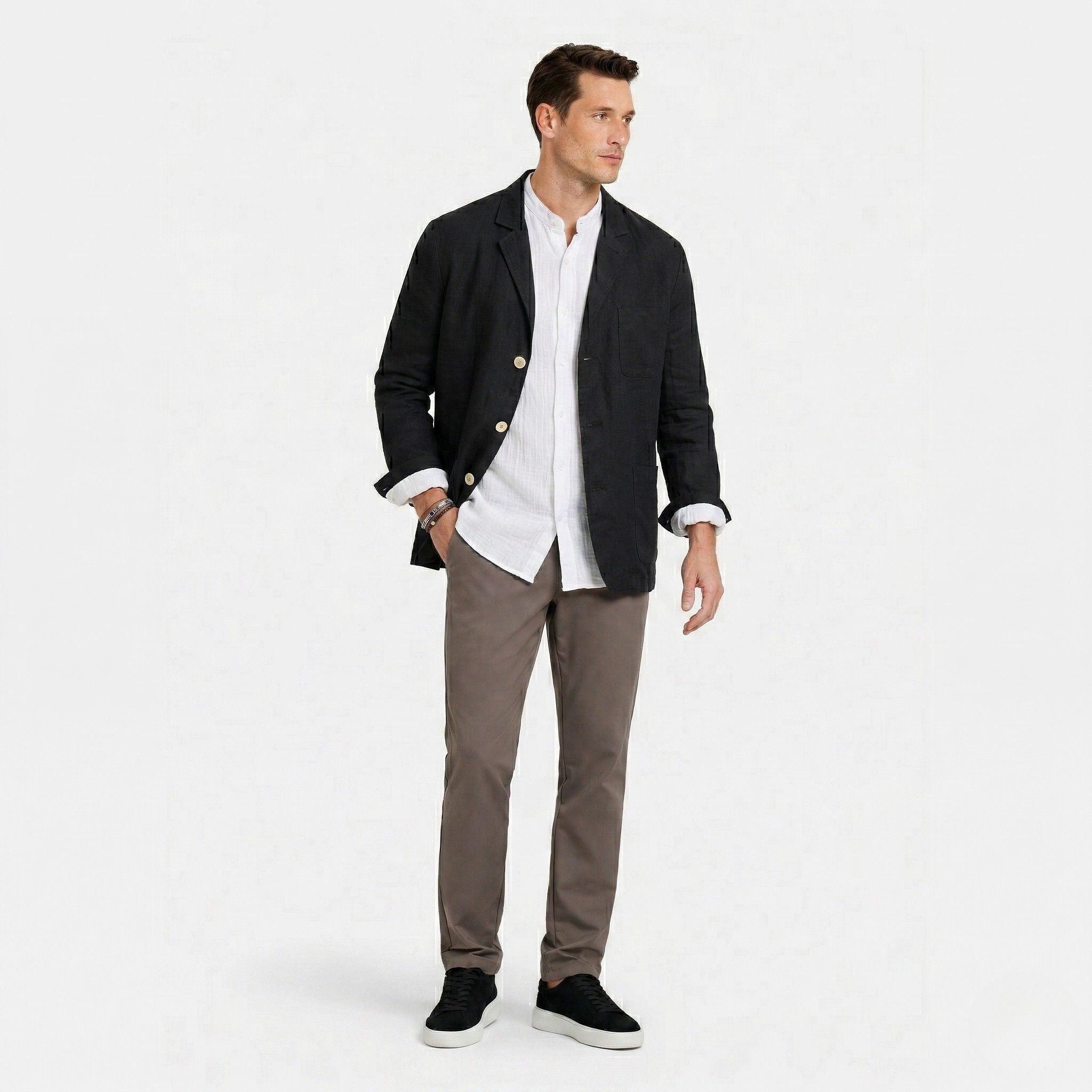Men's Linen Jacket Notch Lapel Button-Front Blazer Relaxed Fit