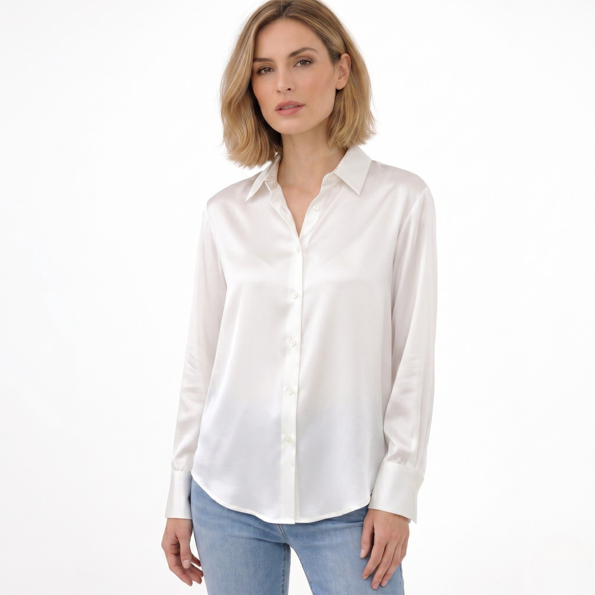 Women's Satin Blouse Long Sleeve Button-Down Point Collar Relaxed Fit