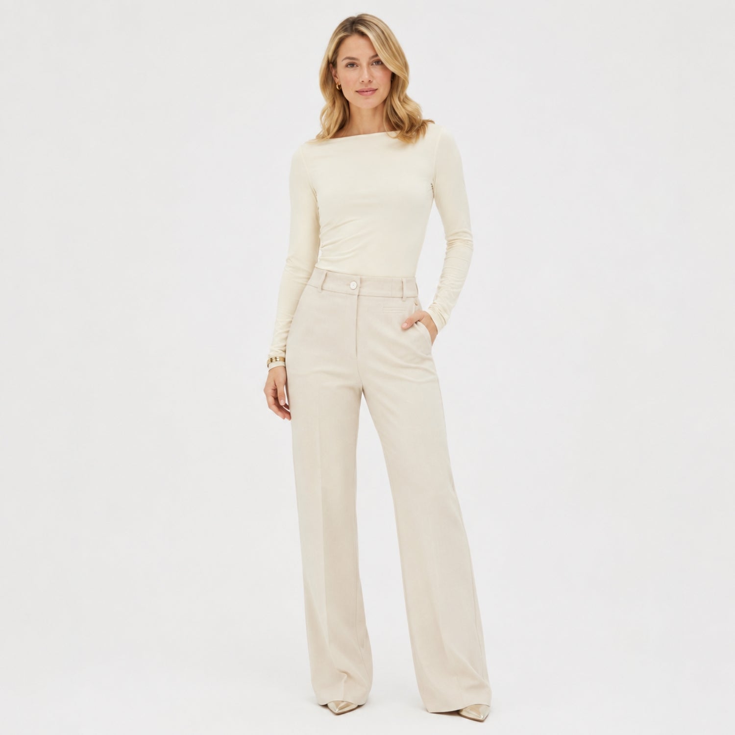 Women's Flare Trousers Button Tab High Waist Regular Fit