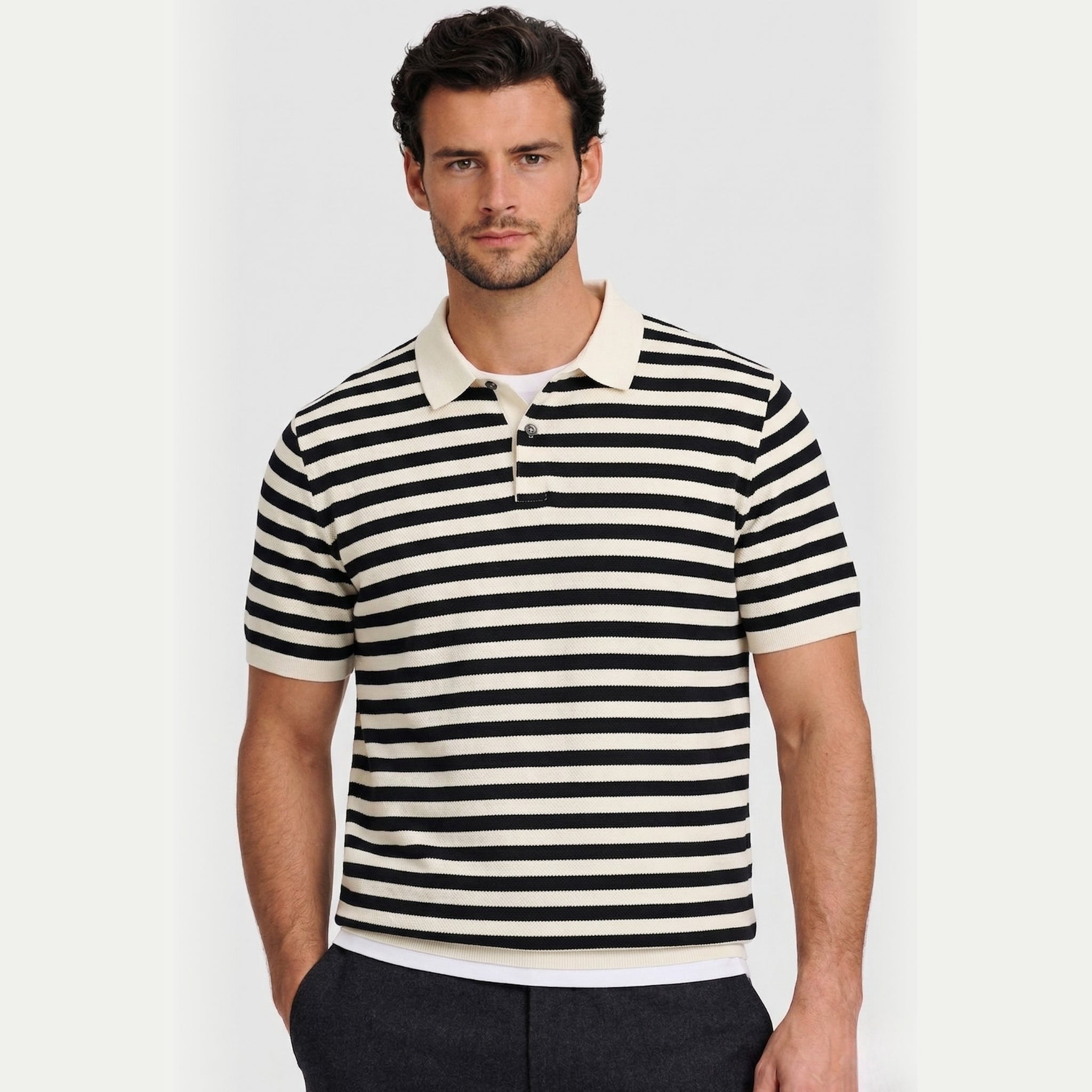 Men's Striped Polo Short Sleeve Button Regular Fit