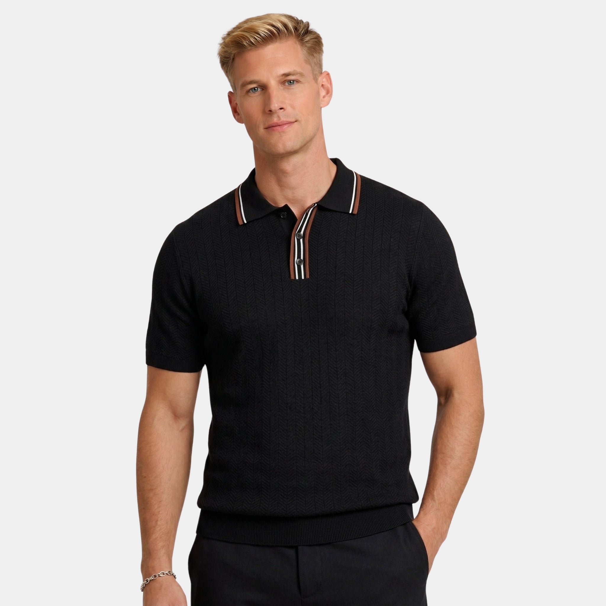 Men's Tipped Collar Polo Herringbone Short Sleeve Regular Fit