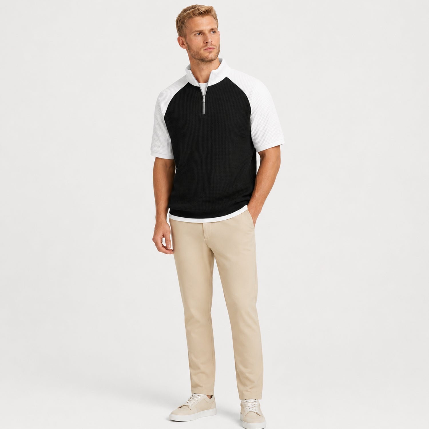 Men's Waffle jumper Quarter-Zip Colour Block Regular Fit