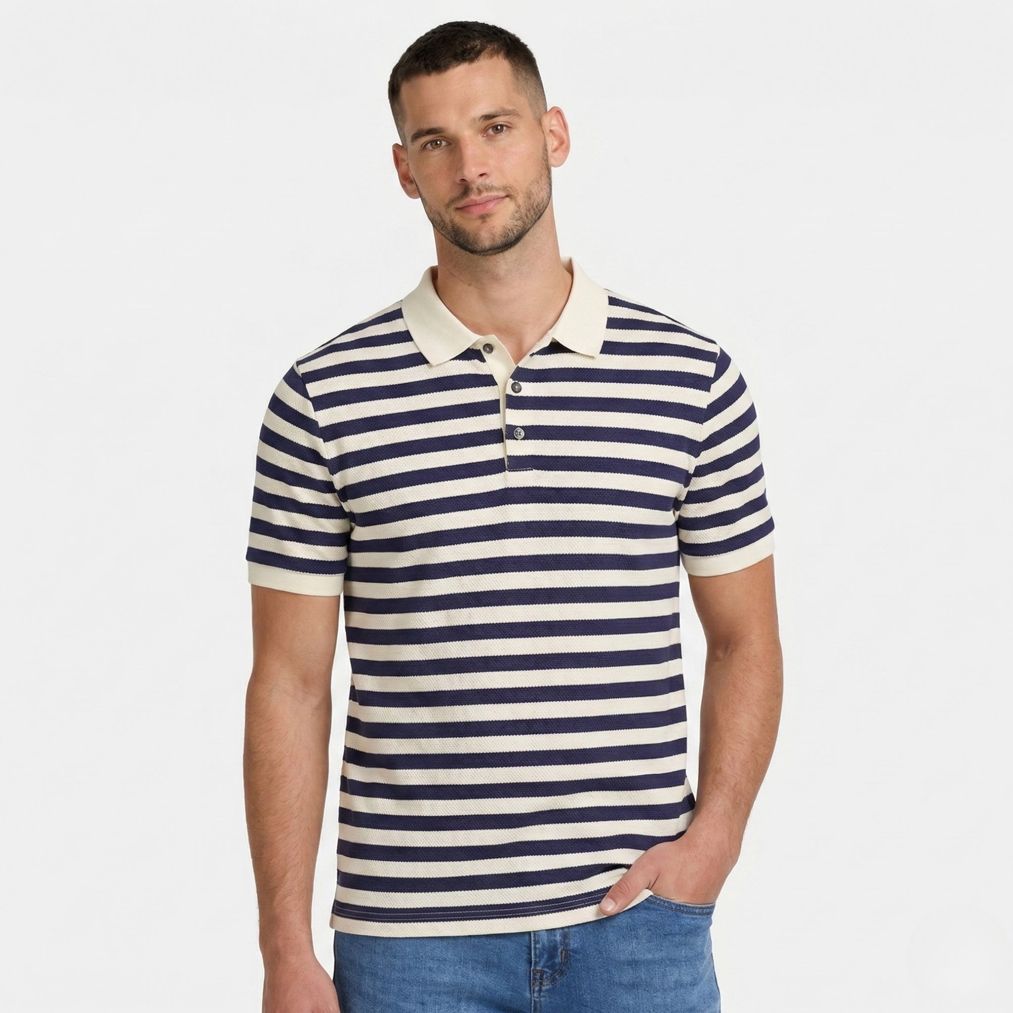Men's Striped Polo Short Sleeve Button Regular Fit