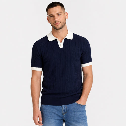 Men's Cable Knit Polo Shirt Contrast Collar Short Sleeve Regular Fit