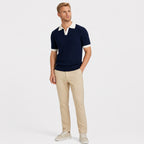 Men's Cable Knit Polo Shirt Contrast Collar Short Sleeve Regular Fit