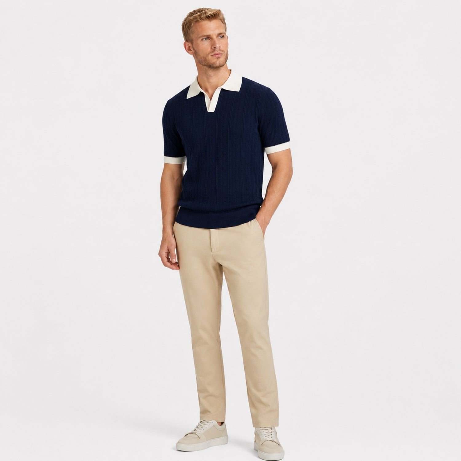 Men's Cable Knit Polo Shirt Contrast Collar Short Sleeve Regular Fit