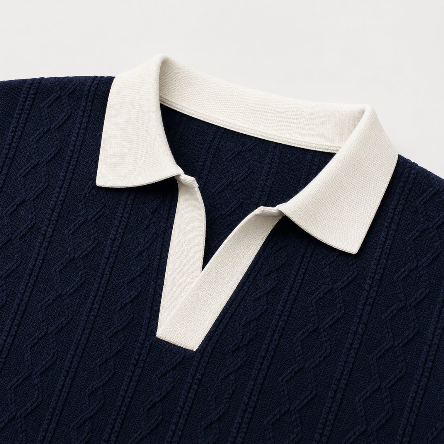 Men's Cable Knit Polo Shirt Contrast Collar Short Sleeve Regular Fit