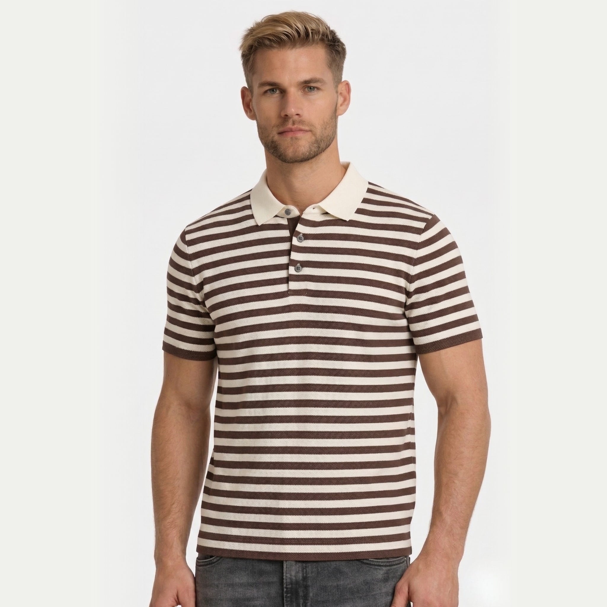 Men's Striped Polo Short Sleeve Button Regular Fit