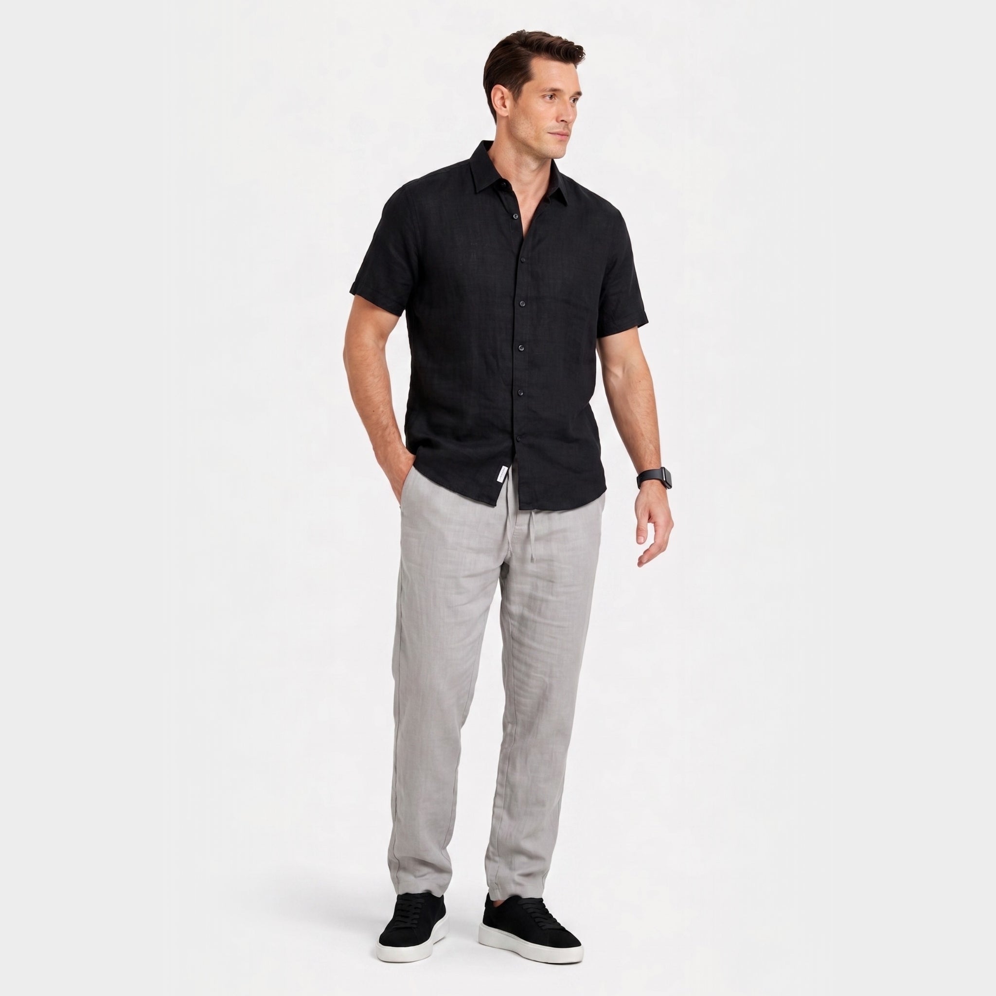 Men's Linen Trousers Elasticated Drawstring Waist Tapered Fit