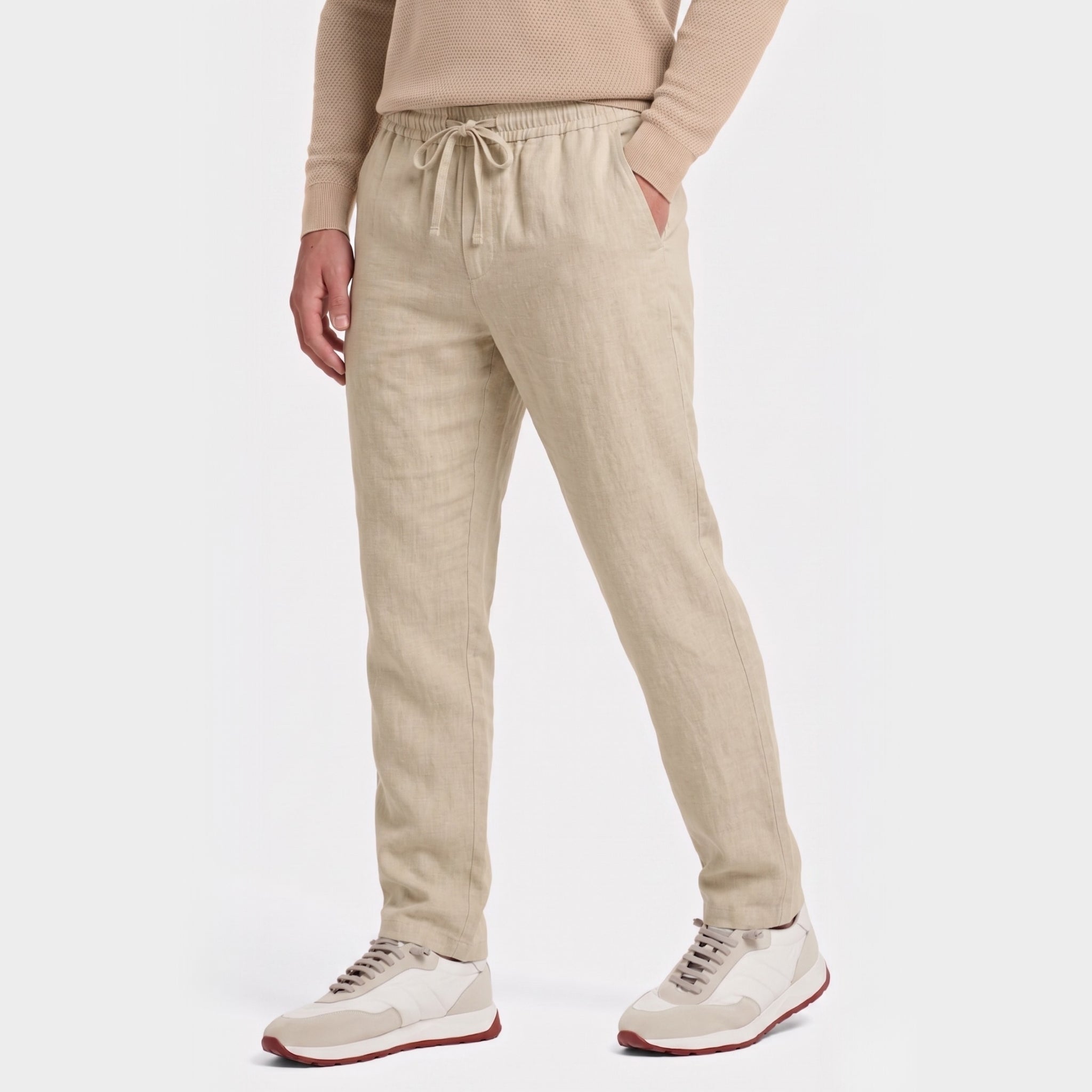Men's Linen Trousers Elasticated Drawstring Waist Tapered Fit