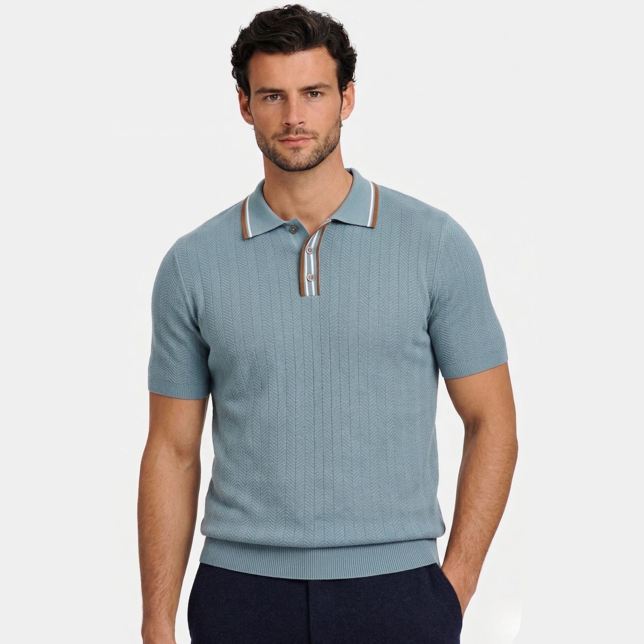 Men's Tipped Collar Polo Herringbone Short Sleeve Regular Fit