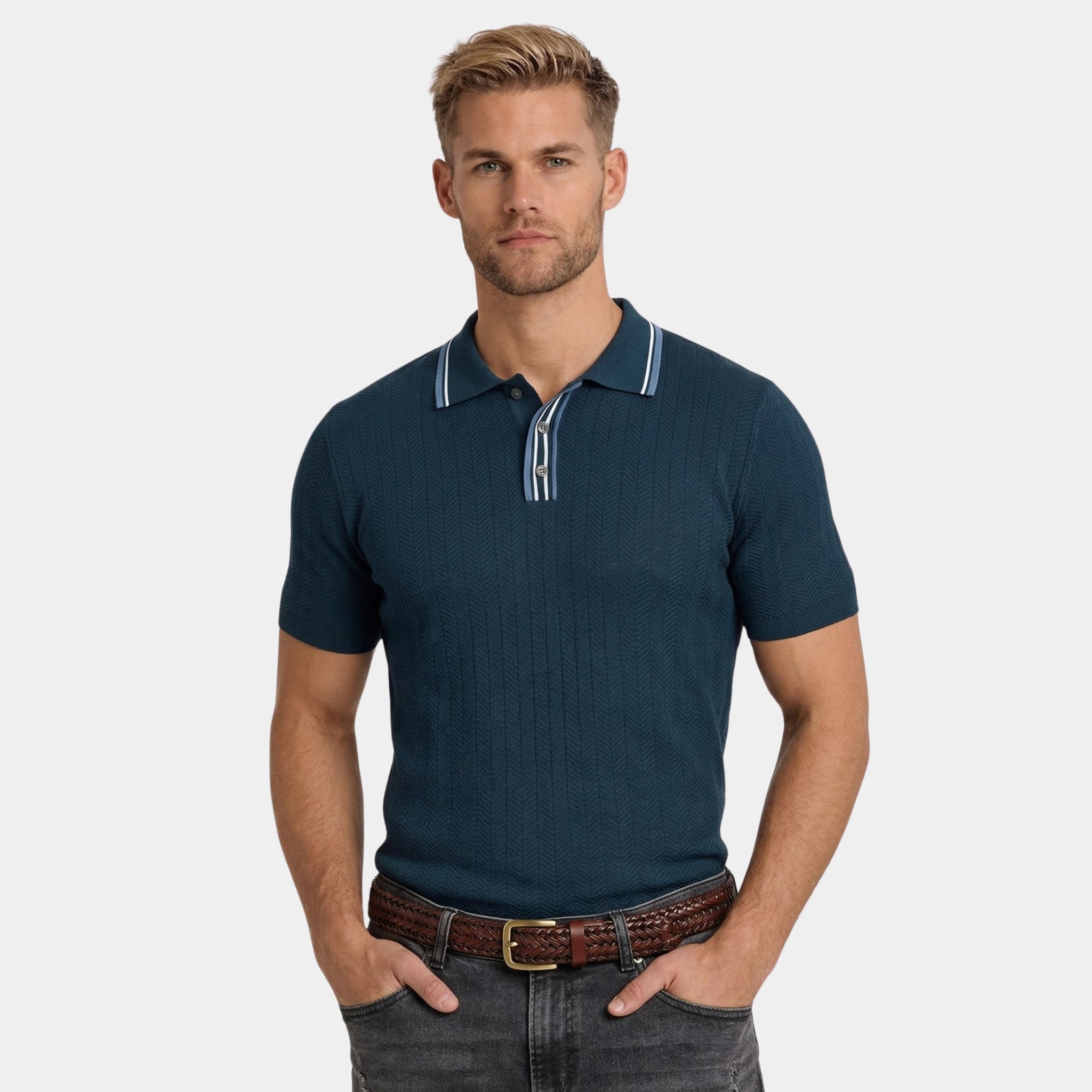 Men's Tipped Collar Polo Herringbone Short Sleeve Regular Fit
